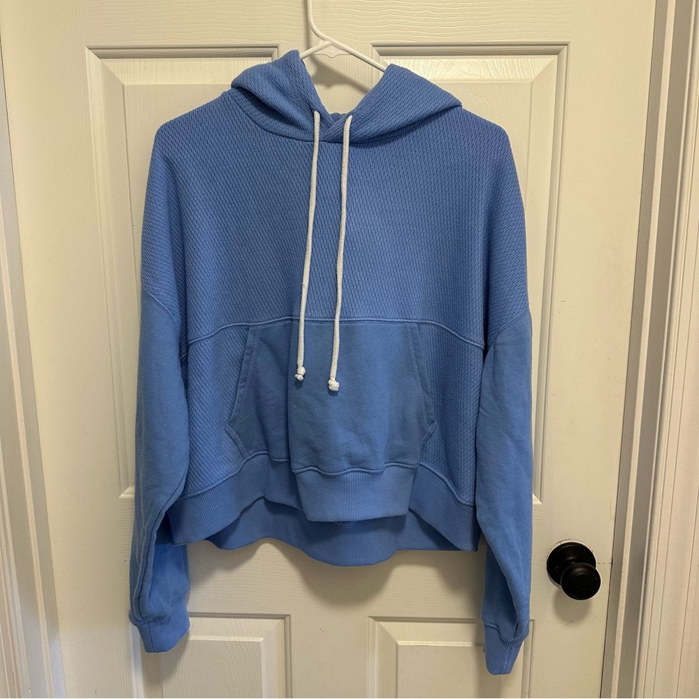 Aerie Pullover Sweater Women’s Blue Hooded Kangaroo Pocket Drawstring Size Med